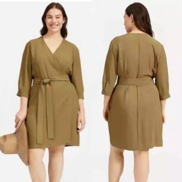 Everlane Japanese GoWeave Long Sleeve Mini Wrap Dress Olive Green Women's 4 NWT - Picture 1 of 11